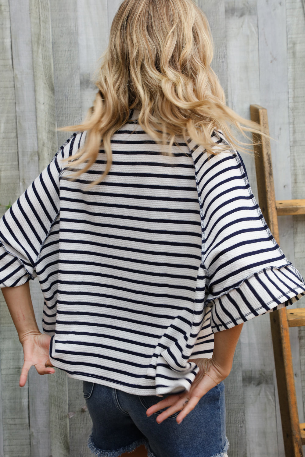 Casual Chic Cotton Navy & Cream Stripe Raglan 3/4 Sleeve Pullover