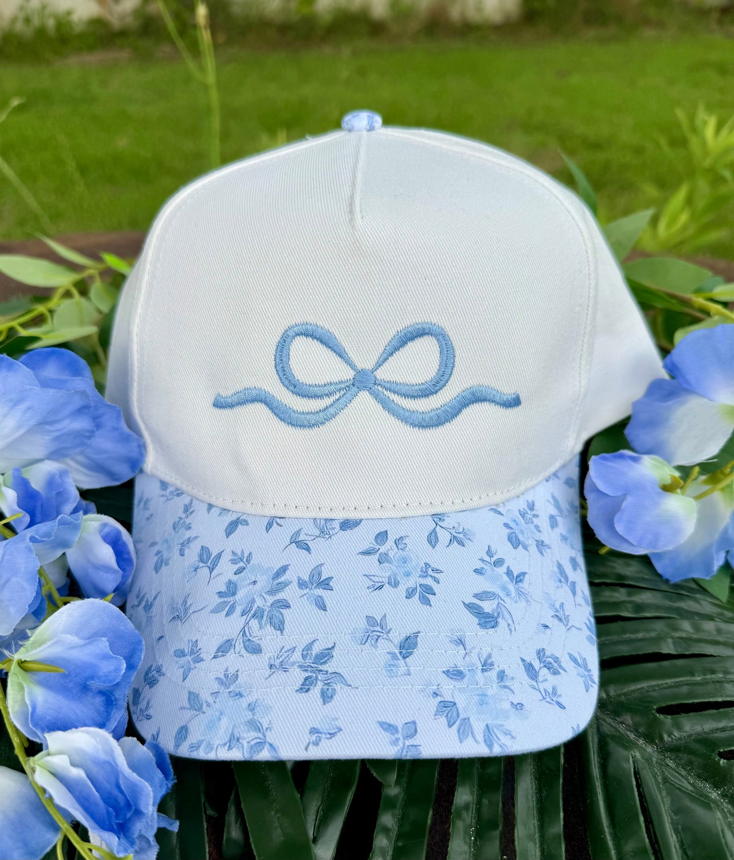 RTS Blue Embroidered Bow Floral Hat