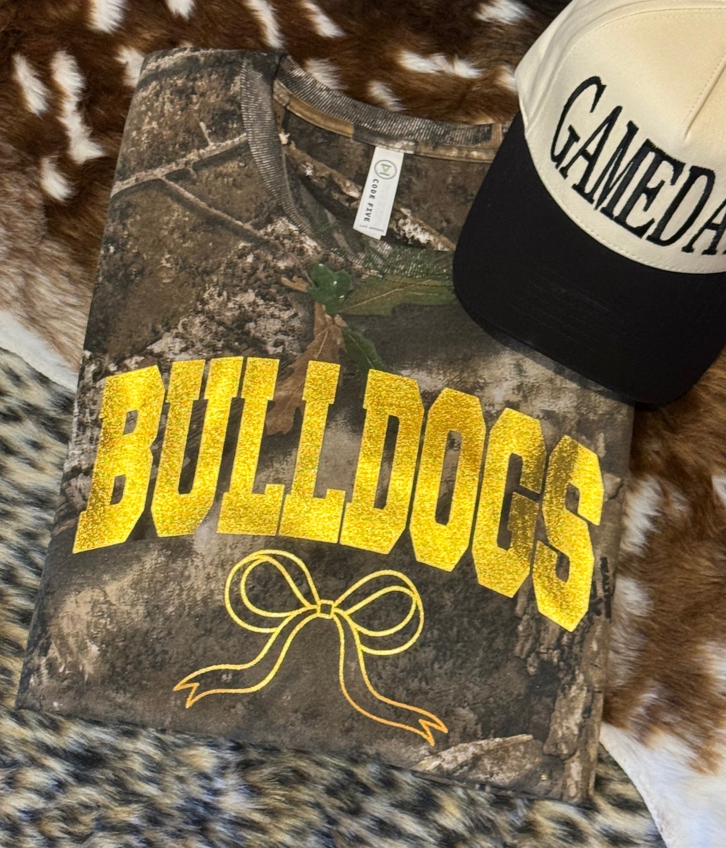 Custom Gold Foil Mascot Bow Camo Tee