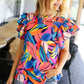 Tropical Vibes Blue & Pink Mock Neck Flutter Sleeve Top