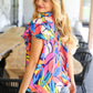 Tropical Vibes Blue & Pink Mock Neck Flutter Sleeve Top