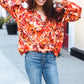 Fall Vibes Rust Floral Print Notched Neck Smocked Satin Top