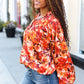 Fall Vibes Rust Floral Print Notched Neck Smocked Satin Top