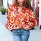 Fall Vibes Rust Floral Print Notched Neck Smocked Satin Top