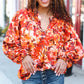 Fall Vibes Rust Floral Print Notched Neck Smocked Satin Top