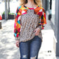 Rust & Khaki Geometric Animal Print Color Block Bubble Sleeve Top