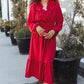 Beautiful You Holiday Red Overlap Ruffle V Neck Midi Dress