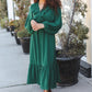 Beautiful You Holiday Green Overlap Ruffle V Neck Midi Dress