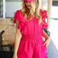 Feeling Femme' Fuchsia Smocked Waist V Neck Flutter Sleeve Romper