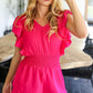 Feeling Femme' Fuchsia Smocked Waist V Neck Flutter Sleeve Romper