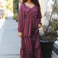 Holiday Vibes Wine Satin Front Overlap Smocked Back Maxi Dress