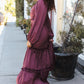 Holiday Vibes Wine Satin Front Overlap Smocked Back Maxi Dress