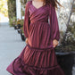 Holiday Vibes Wine Satin Front Overlap Smocked Back Maxi Dress