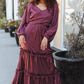 Holiday Vibes Wine Satin Front Overlap Smocked Back Maxi Dress