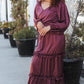 Holiday Vibes Wine Satin Front Overlap Smocked Back Maxi Dress