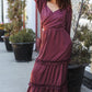 Holiday Vibes Wine Satin Front Overlap Smocked Back Maxi Dress