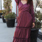 Holiday Vibes Wine Satin Front Overlap Smocked Back Maxi Dress