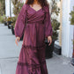 Holiday Vibes Wine Satin Front Overlap Smocked Back Maxi Dress