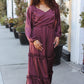 Holiday Vibes Wine Satin Front Overlap Smocked Back Maxi Dress