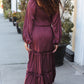 Holiday Vibes Wine Satin Front Overlap Smocked Back Maxi Dress