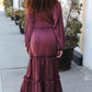 Holiday Vibes Wine Satin Front Overlap Smocked Back Maxi Dress