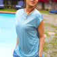 Charming in Aqua Asymmetrical Shirred Modal Top