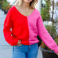 Red Fuchsia Half & Half V Neck Sweater