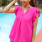 Summer Days Fuchsia Banded V Neck Flutter Sleeve Top