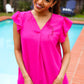 Summer Days Fuchsia Banded V Neck Flutter Sleeve Top