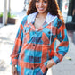 Stand Out Teal & Orange Plaid Fleece Hoodie Shacket