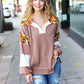 Charming Caramel Floral Print Colorblock Notch Neck Top