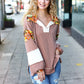 Charming Caramel Floral Print Colorblock Notch Neck Top