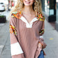 Charming Caramel Floral Print Colorblock Notch Neck Top