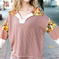 Charming Caramel Floral Print Colorblock Notch Neck Top