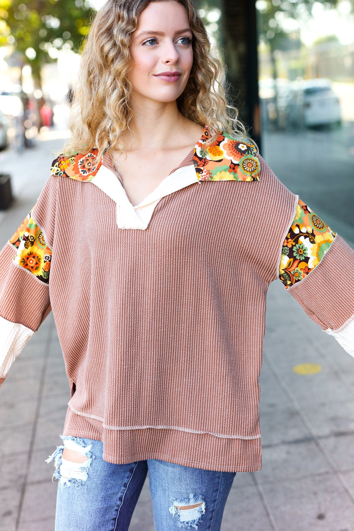 Charming Caramel Floral Print Colorblock Notch Neck Top