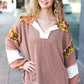 Charming Caramel Floral Print Colorblock Notch Neck Top