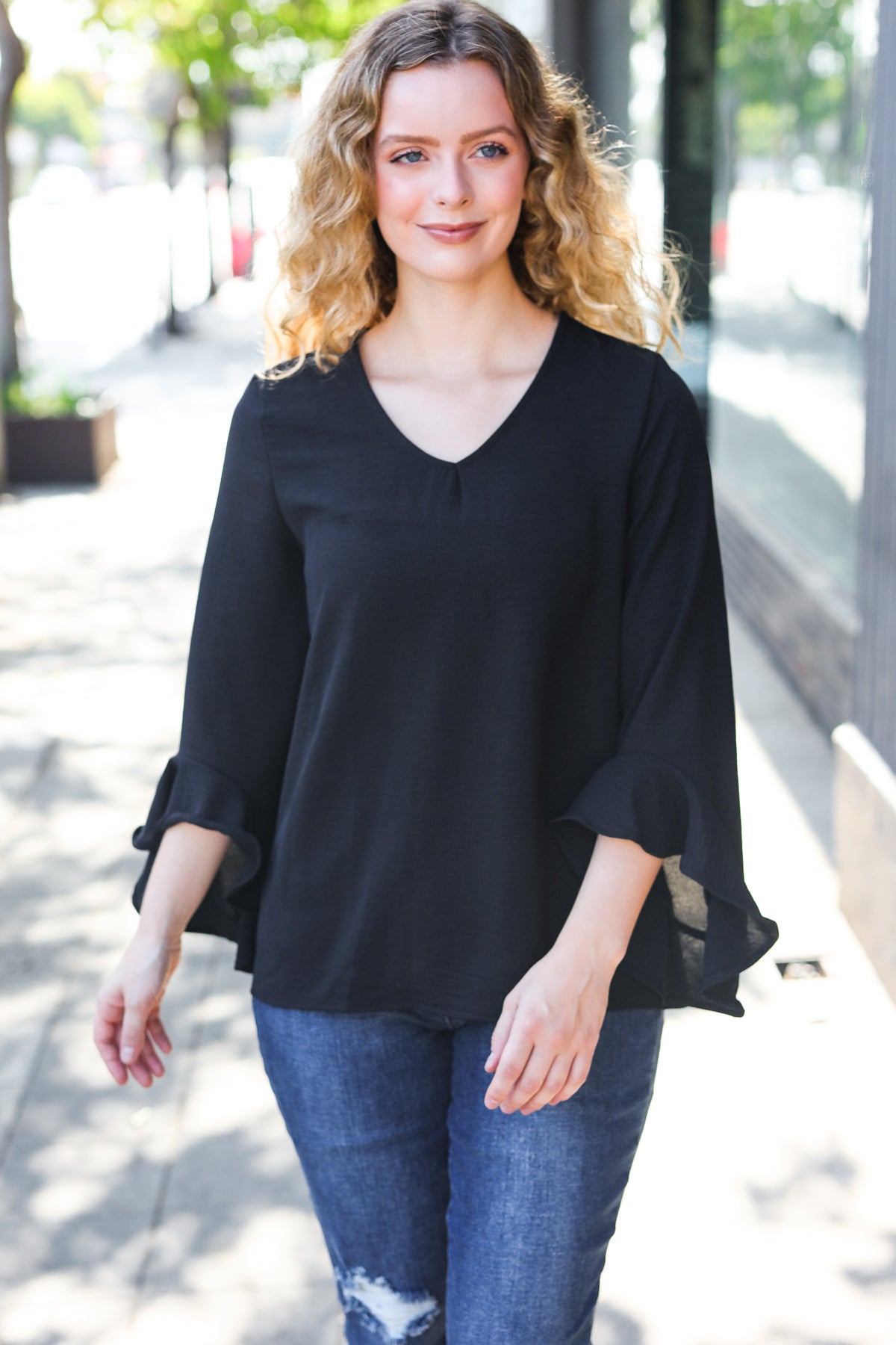 Falling In Love Black Hi-Lo Ruffle Sleeve Woven Top