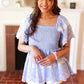 Just A Dream Blue Smocked Floral Embroidered Babydoll Top