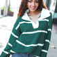 Fall For You Hunter Green Stripe Notched Neck Collared Oversized Sweater