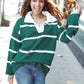 Fall For You Hunter Green Stripe Notched Neck Collared Oversized Sweater