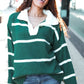 Fall For You Hunter Green Stripe Notched Neck Collared Oversized Sweater