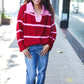 Fall For You Crimson Stripe Notched Neck Collared Oversized Sweater