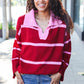 Fall For You Crimson Stripe Notched Neck Collared Oversized Sweater