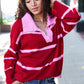 Fall For You Crimson Stripe Notched Neck Collared Oversized Sweater