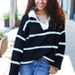 Fall For You Black Stripe Notched Neck Collared Oversized Sweater