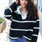 Fall For You Black Stripe Notched Neck Collared Oversized Sweater