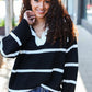 Fall For You Black Stripe Notched Neck Collared Oversized Sweater