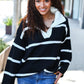 Fall For You Black Stripe Notched Neck Collared Oversized Sweater