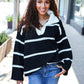 Fall For You Black Stripe Notched Neck Collared Oversized Sweater