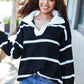 Fall For You Black Stripe Notched Neck Collared Oversized Sweater